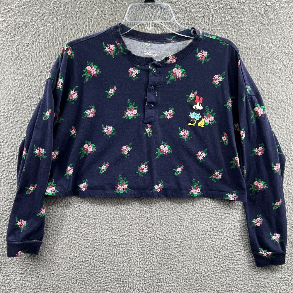 Disney Womens‎ Y2K Crop Henley Top L Minnie Mouse Floral Indie Retro Kidcore